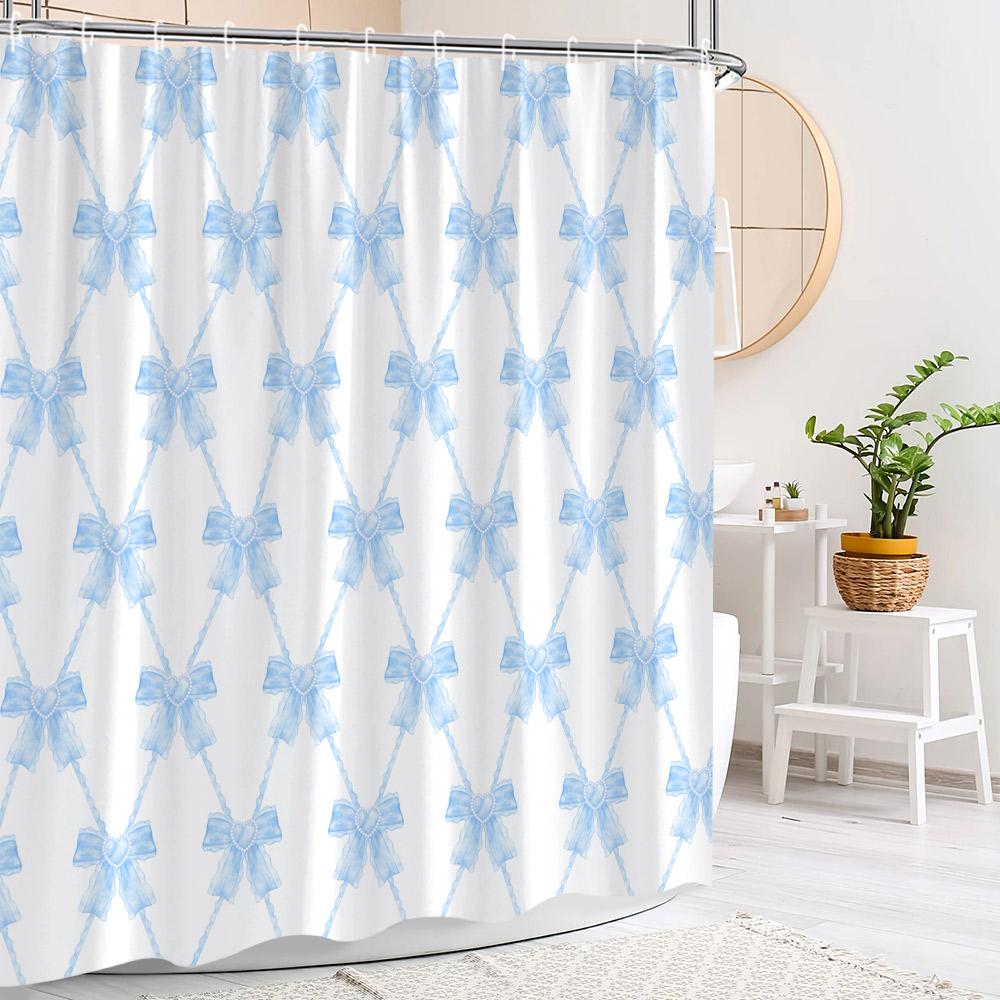 Blue Cute Bow Shower Curtain Fashion Stripe Plaid Girls' Holiday Gift Polyester Fabric Shower Curtains Bathroom Decor With Hooks