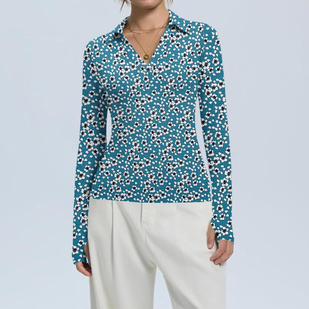 Damenmode Lässig Bedruckt V-Ausschnitt Langarm Knopfleiste Oberteil