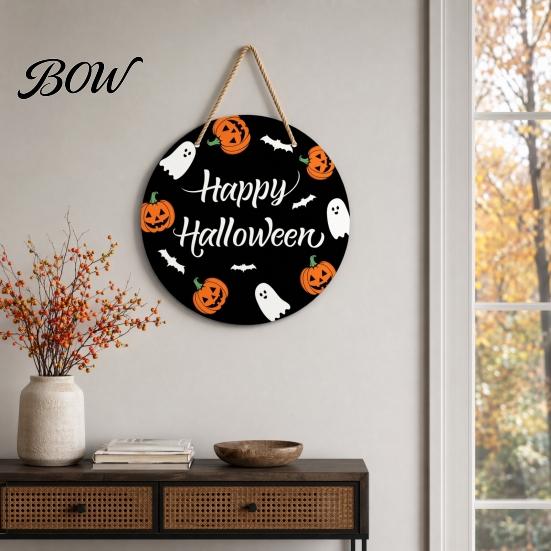 Spooky Door Decor Halloween Hanging Sign, Wooden Front Hanger Wreath, Cute Fall Festival Ghost Welcome Sign for Porch Wall Indoor Home Decoration