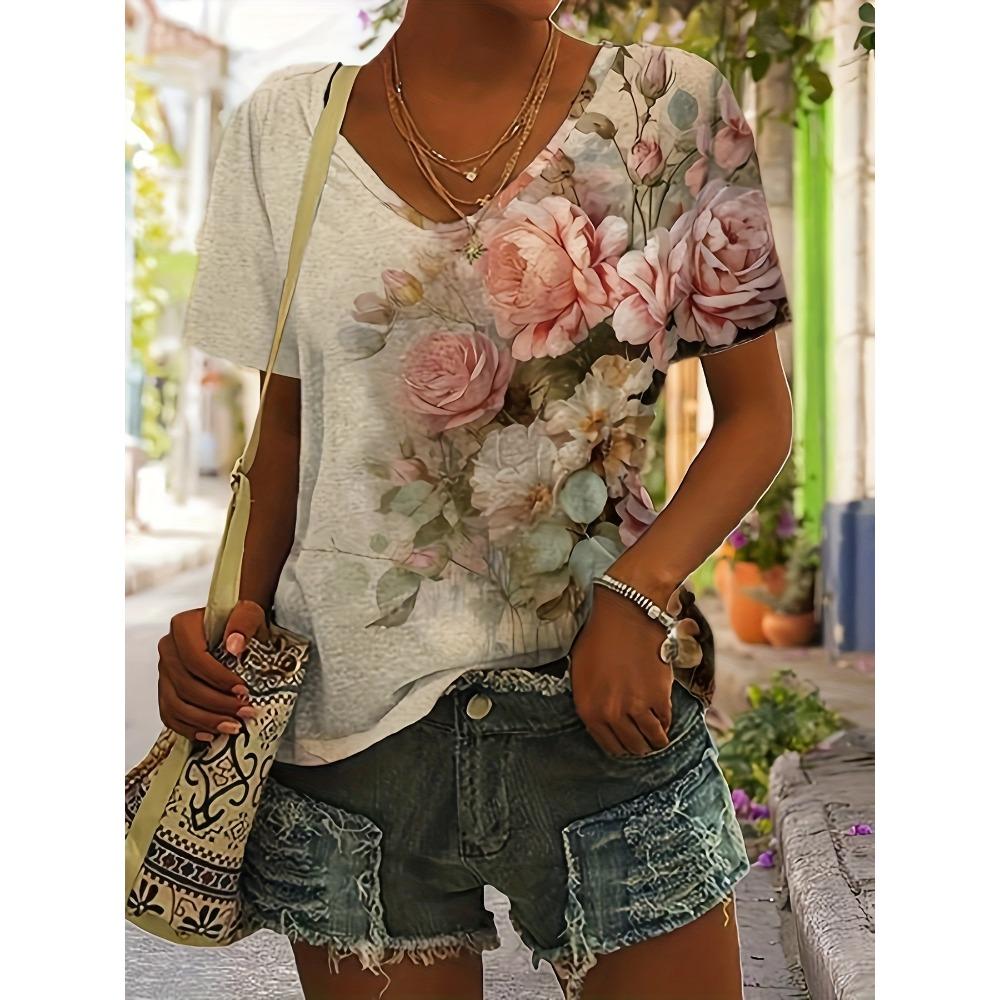 

Summer Fashion Bright Rose Pattern V-neck T-shirt 5XL