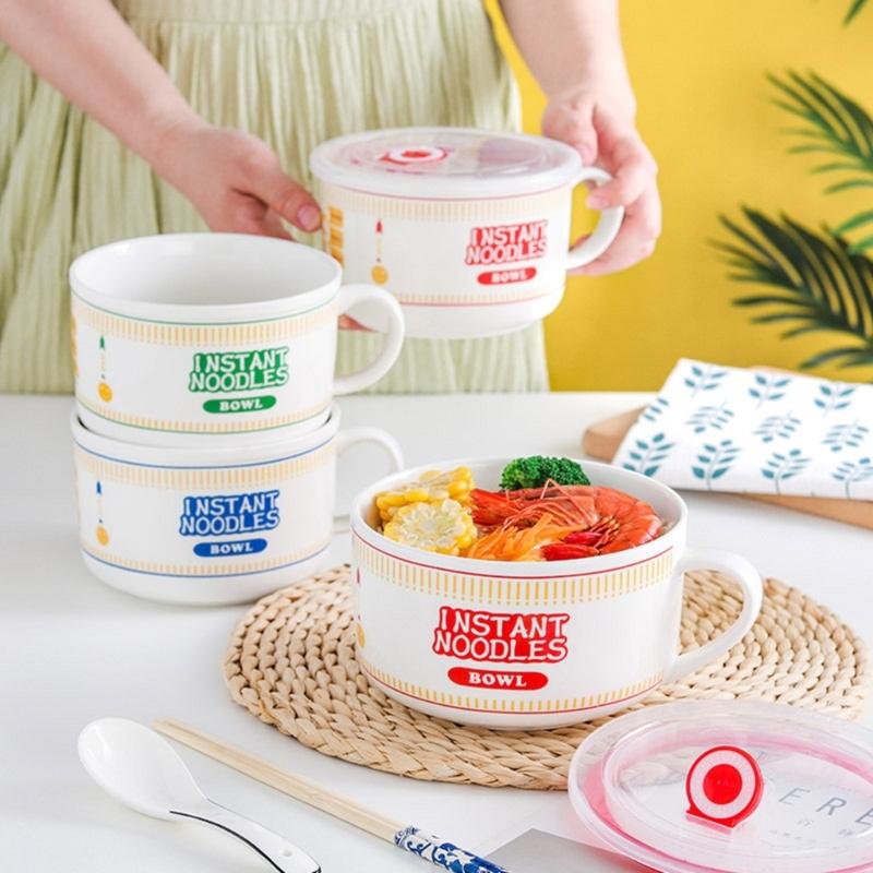 Cartoon Printed Ceramic Soup Bowl With Ergonomic Handle 800ml To 1100ml Rotating Time Trackers Lid Microwave Safe For Students Adults