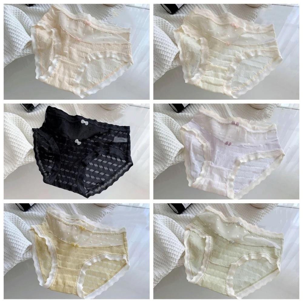 Mid Waist Underwear for Women Bow Mesh Briefs Summer Lace Seamless Panties Female