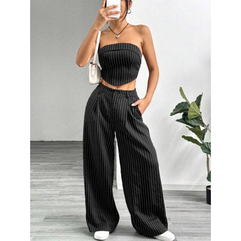 

Women s Striped Cropped Bandeau And Pleated Palazzo Pants Set For Office And Casual S чёрный