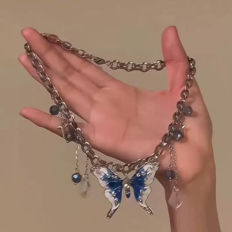 Personalized Punk Butterfly Crystal Bead Pendant Chains Choker Necklace For Women Y2K Rock Halloween Party Grunge Accessories