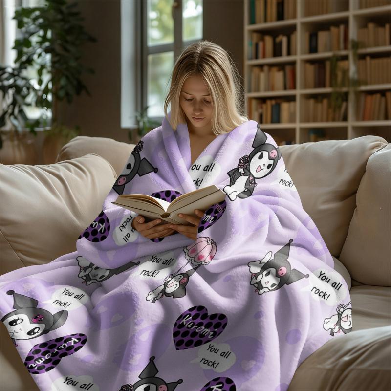 Pastel Purple Kuromi Flannel Throw Blanket Soft Warm Fluffy Blanket Cute Sofa Bed Cover Office Nap Shawl Lightweight Quilt