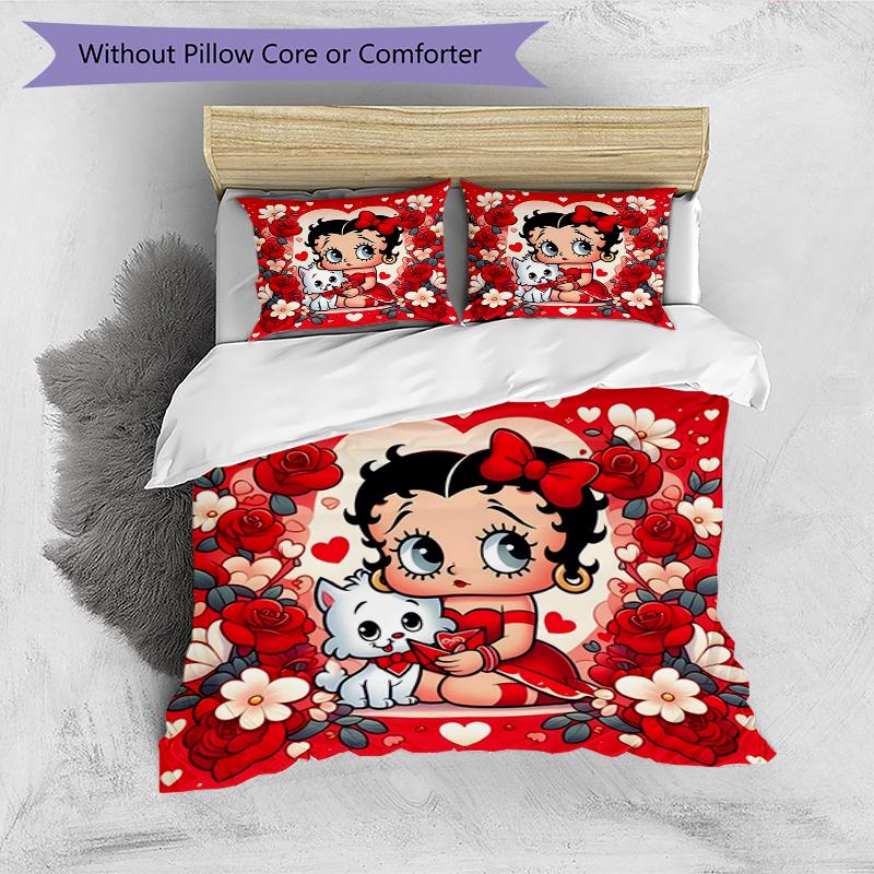 3pcs Duvet Cover Set (1*Duvet Cover + 2*Pillowcase, Without Core),Betty Boop Print Bedding Set, Bedroom Decor, All‑Season, Birthday Gift