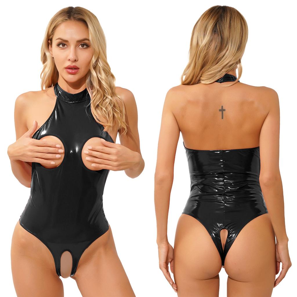 Body sexy en similicuir découpé pour femme, dos nu, lingerie une pièce, costume Teddy