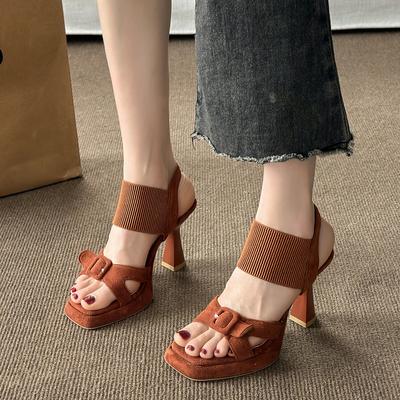Fashion 2024 Fashionable Women's Sandals Summer Square Toe High Heels Cross Buckle Elastic Fabric Women's Shoes Heels 9cm