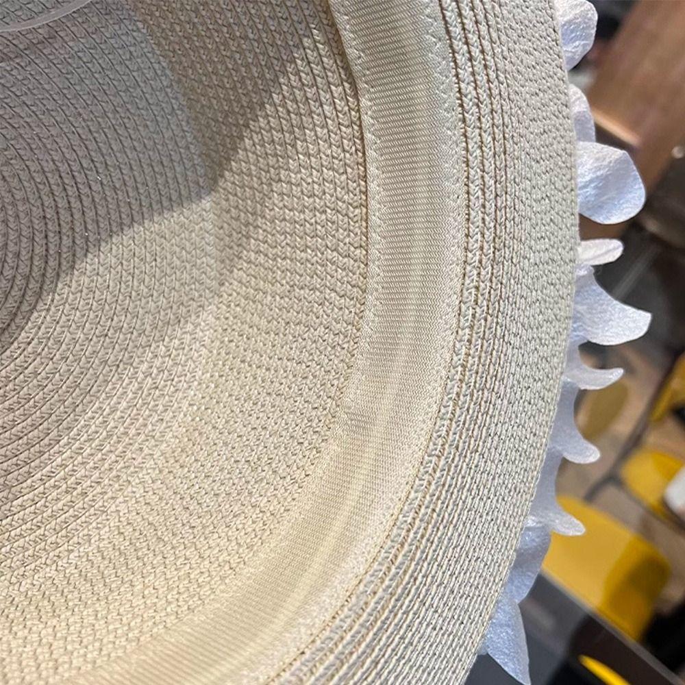 Wide Brim Flat Top Hat Pearl Trim Summer Hat New Straw Sun Hat for Beach and Daily Wear