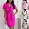 2025 Summer Double-Breasted Short Sleeve Suit Dress with Solid Color