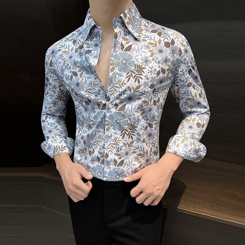 Men's Floral Print Long Sleeve Button Up Shirt Casual Slim Fit Fashion Top for Daily Wear