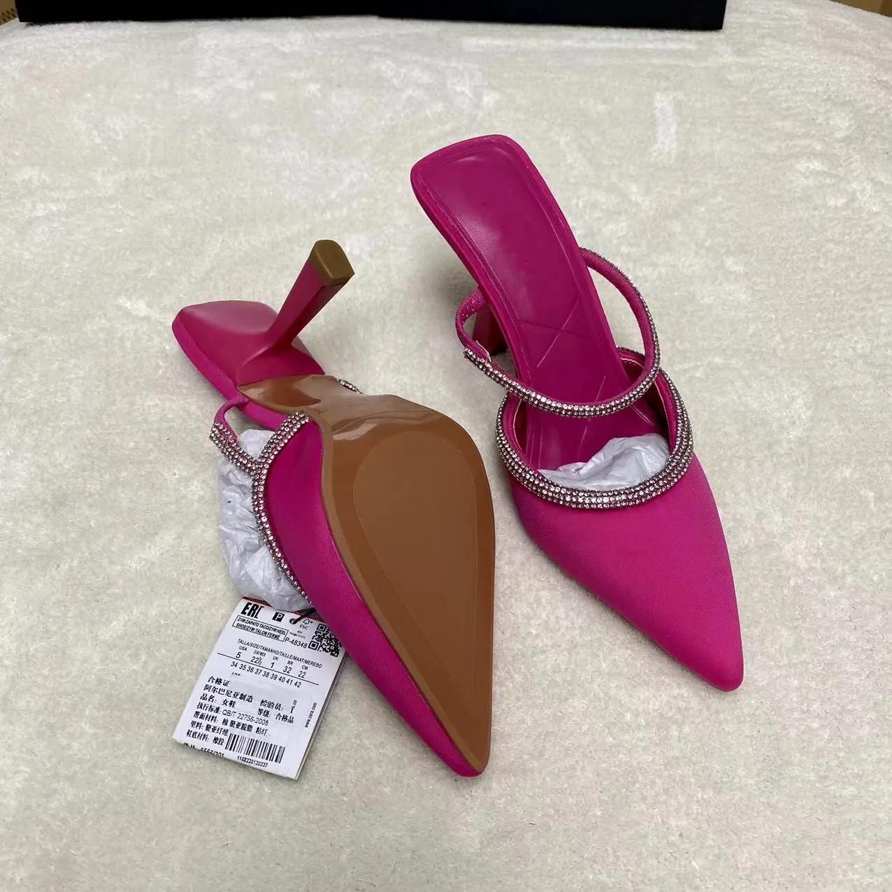 

модные летние новые женские тапочки мюли высокие каблуки женские туфли сексуальные заостренные большие размеры женские вечерние платья бока с блестящими кристаллами 37