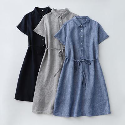 Summer Plus Size Loose-Fit Japanese Cotton Linen Short Sleeves Dress Women's Slimming Shirt Skirt Casual Comfortable