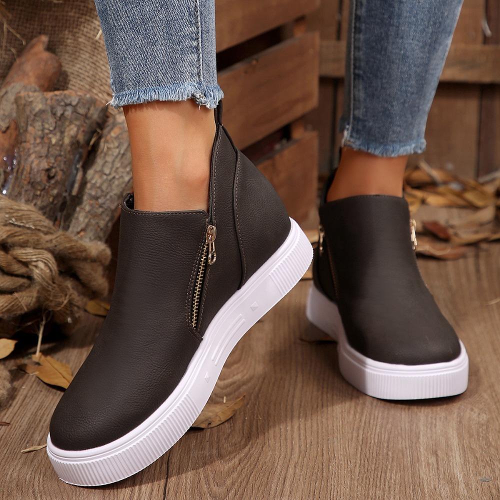 2025 Autumn New Women's Fashionable Versatile Flat Heel Short Boots - Round Toe Zip-Up Fashion Boots