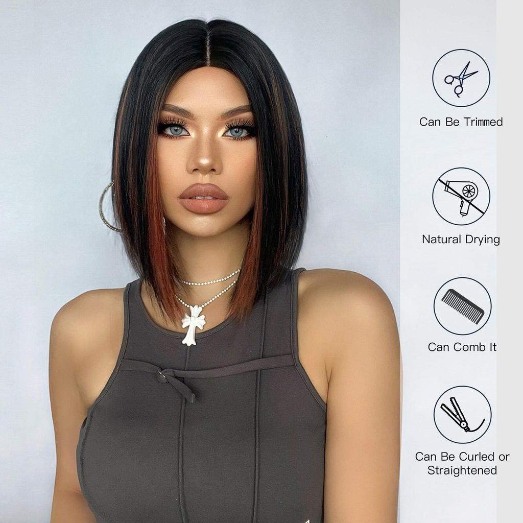 ALAN EATON Short Brown Highlight Bob Wigs Synthetic Hair Wig Women Natural Looking Mixed Brown Wig Heat Resistant Fiber Daily