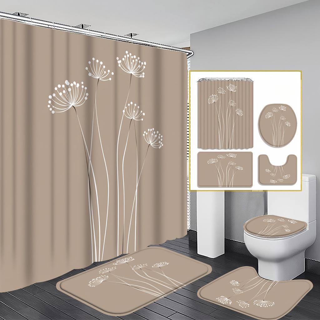 4Pcs 2D Flat Minimalist Dandelion Shower Curtain Set with Non-Slip Bath Mat, Toilet Lid Cover, Contour Rug & 12 Hooks, Bathroom Decor