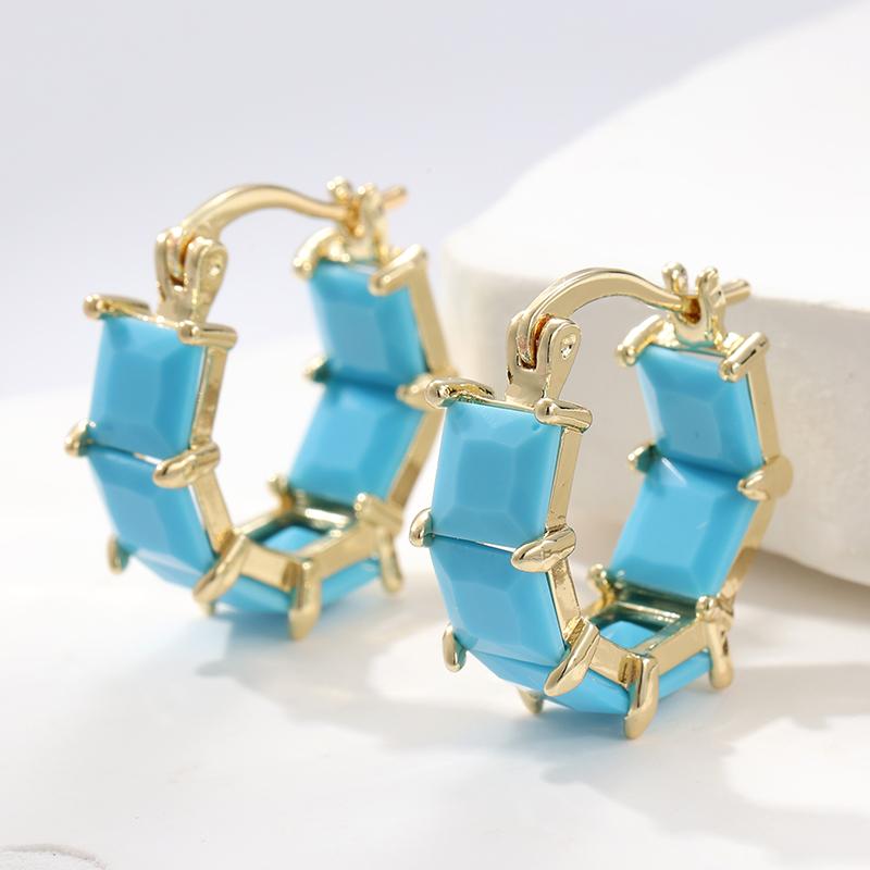 Classic Turquoise Checkered Earrings for Women's Vintage Elegant Golden Plated Jewelry Accessories Exquisite Party Gifts