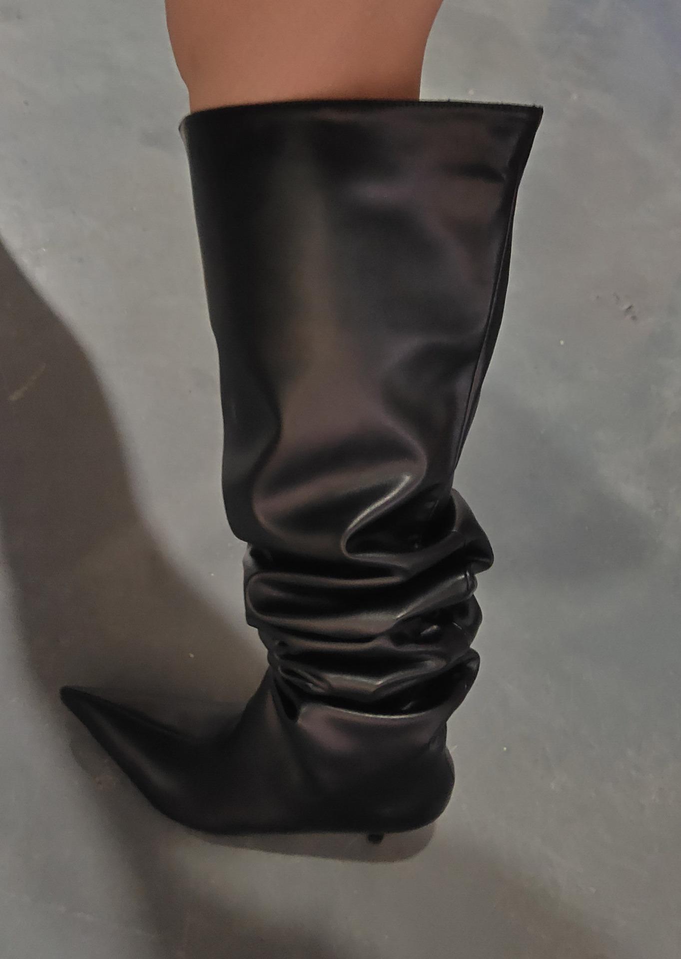 Full-Size Women S Boots: Pointed Toe, Thin Heels, Wide Leg Umbrella Boots, Large Leg Pleated Boots, Push Boots, Long Legs, Plus-Size Women S Boots 34
