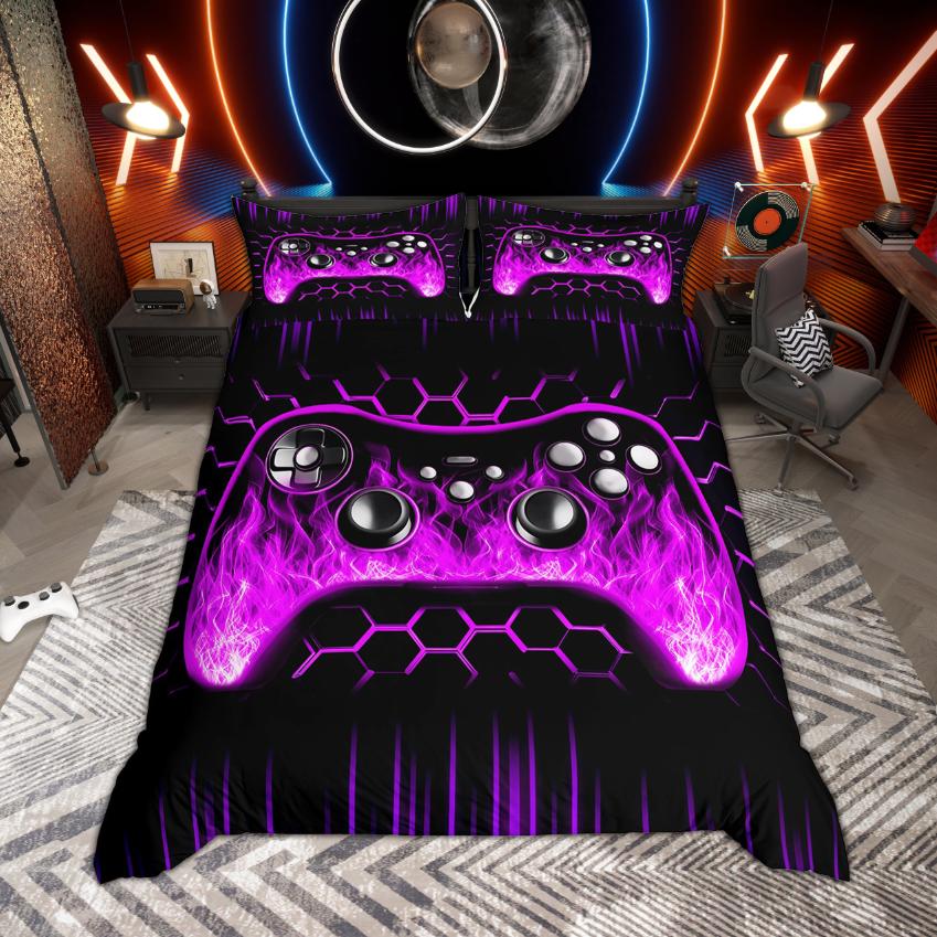 Homewish Pojkar Spelare Gaming Påslakan Set Neonlys Honungskaka Sängkläder Svart Vändbart Täckeöverdrag Set