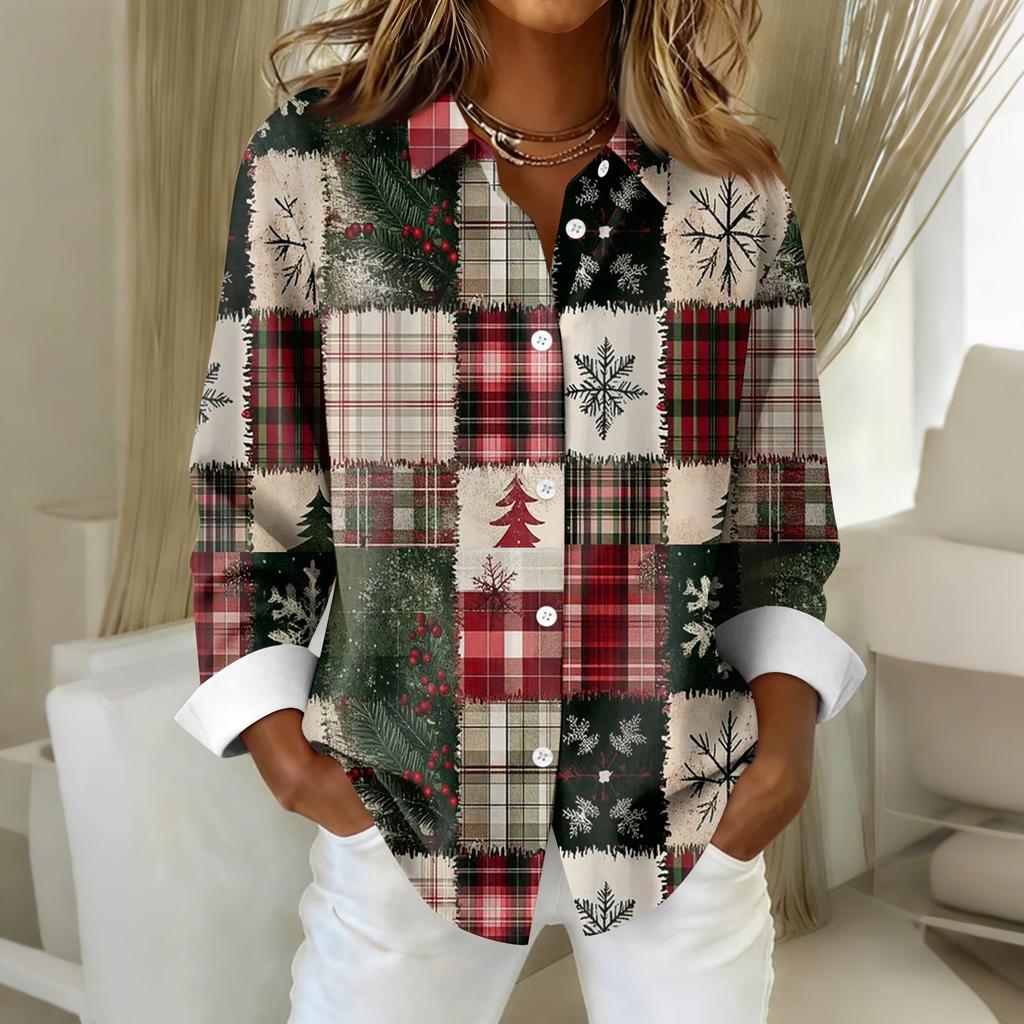 Women's Shirt Blouse Christmas Print Button Long Sleeve Casual Basic Shirt Collar Regular Top