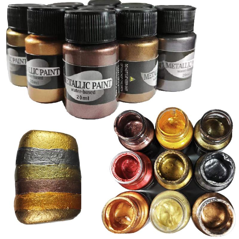 9 Bottles 20ml Multi-tones Metallic Acrylic Paint Set Paint Brushes Gloss Waterbased Pigment DIY Craft Stone Art Ornament