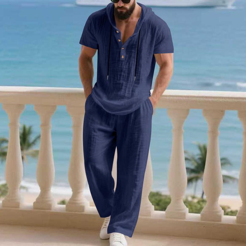 Autumn Casual Linen Hooded Short Sleeve Henley Shirt with Long Pants Set for Men
