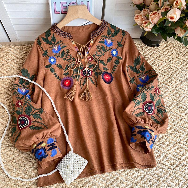 

Bohemia Retro Ethnic Style Loose-Fitting Fashion Shirt Coffee All yards
