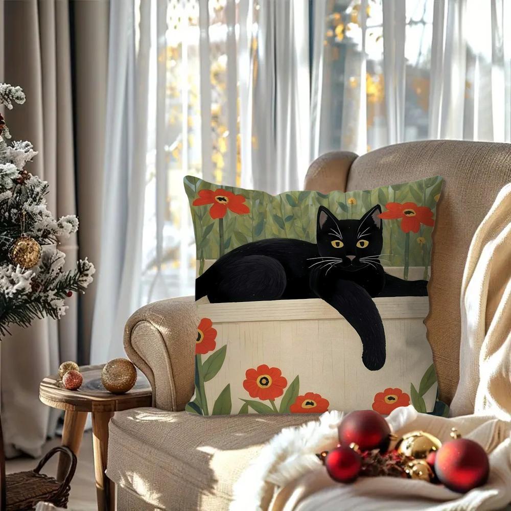 Cute Black Cat Pillow Case Square Pillow Bedroom Sofa Leisure Comfort Cushion Car Living Room Home Decoration 40X40