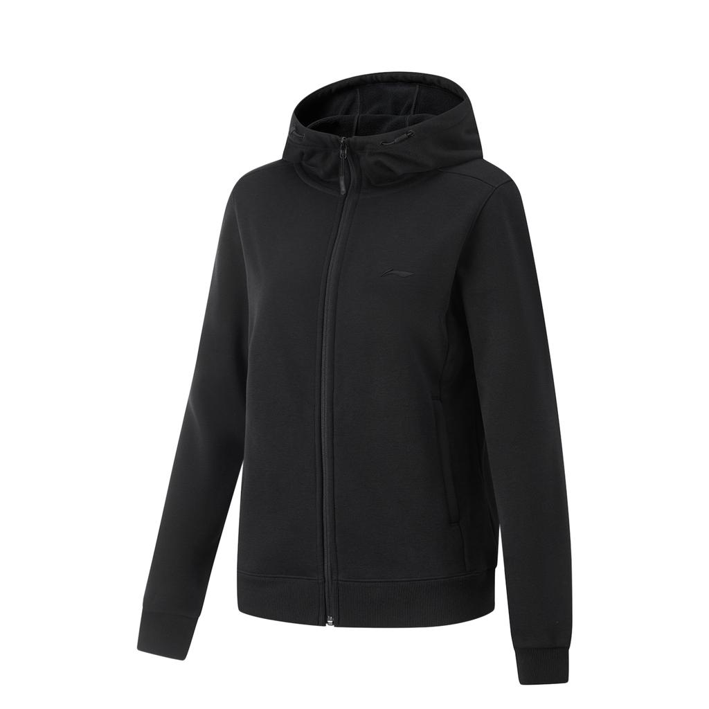 Li Ning Fitness Series Hooded Zipper Solid Color Fleece Warm Long Sleeve Sweatshirt Women sweatshirt Black AWDU632-6