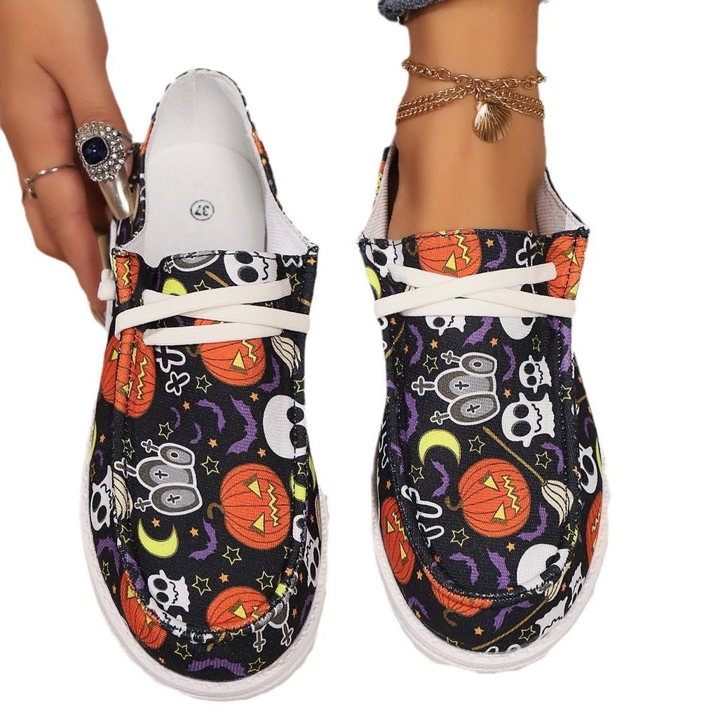Plus Size Spring and Autumn New Casual Single Shoes Women's Halloween Pumpkin Ghost Skull Women's Single Shoes