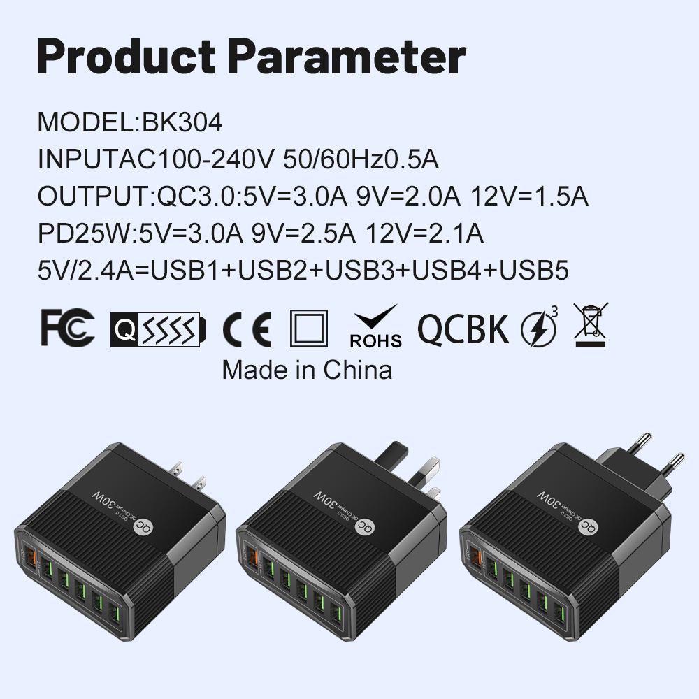 30W 6-port QC3.0 multi-port fast phone charger with EU, US, UK, Korean plugs