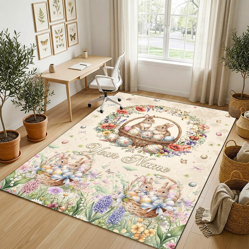 Easter Bunny Theme Crystal Velvet Rug Personalized Custom Name Text Soft Floor Mat Home Decor