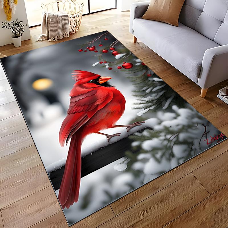 Red Cardinal Bird with Snowy Christmas Decor Non-slip rug suitable for living room and bedroom sofas