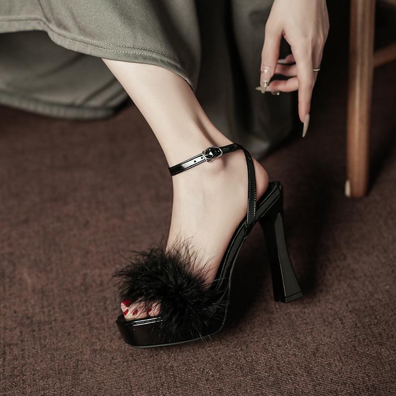 9696-1 Women's Fairy Style Temperament High Heel Sandals with Furry Strap and Thick Heel