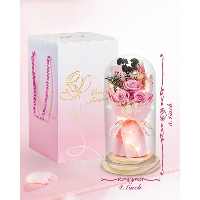 HVY Preserved Flowers Gifts for Her,Preserved Rose Bouquet In Glass Dome,Forever Flowers Fresh Bouquet Present for Women Mothers Day Birthday Gifts
