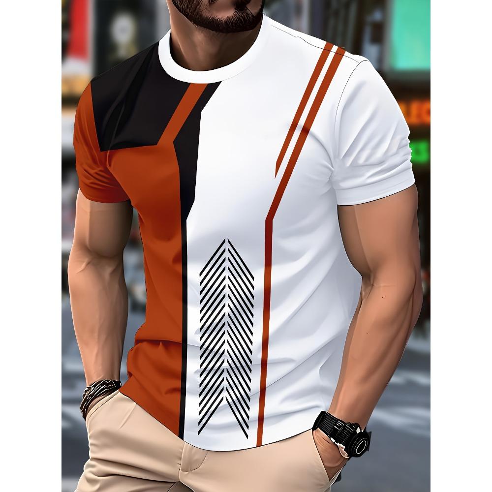 3D-Printed Color-Striped Men's T-Shirt Ship Anchor Pattern  Harajuku Street Style Round-Neck