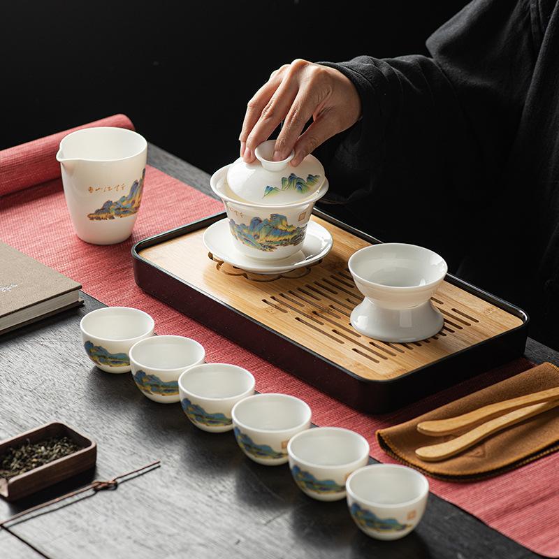 Suet jade tea set, white porcelain travel kung fu tea set, tea tray set, cover bowl teacup