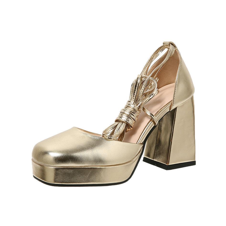 Módní boty 2025 Sandály na platformě Dámské šněrovací Sexy lodičky Kulatá špička Velké africké Jaro Zlaté Crossdressers Ležérní Béžové Čtvercový H