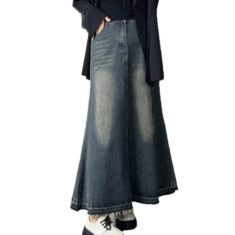 Spring 2025 High Waisted Distressed Denim Midi Skirt - Retro A-Line Design