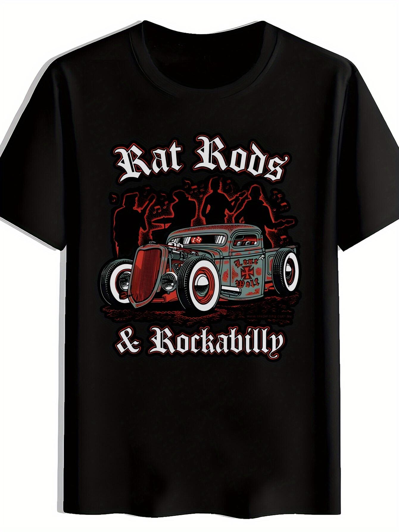 

Vintage Rock Band Graphic T-shirt - Black Short Sleeve Round Neck Tee with RAT RODS & ROCKABULLY Design XL