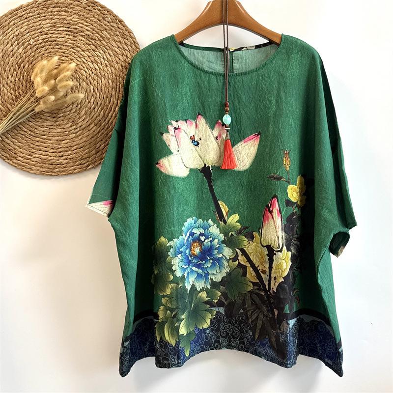 Maglietta estiva in cotone e lino, stile etnico, manica a pipistrello, ampia, da donna, scollo rotondo