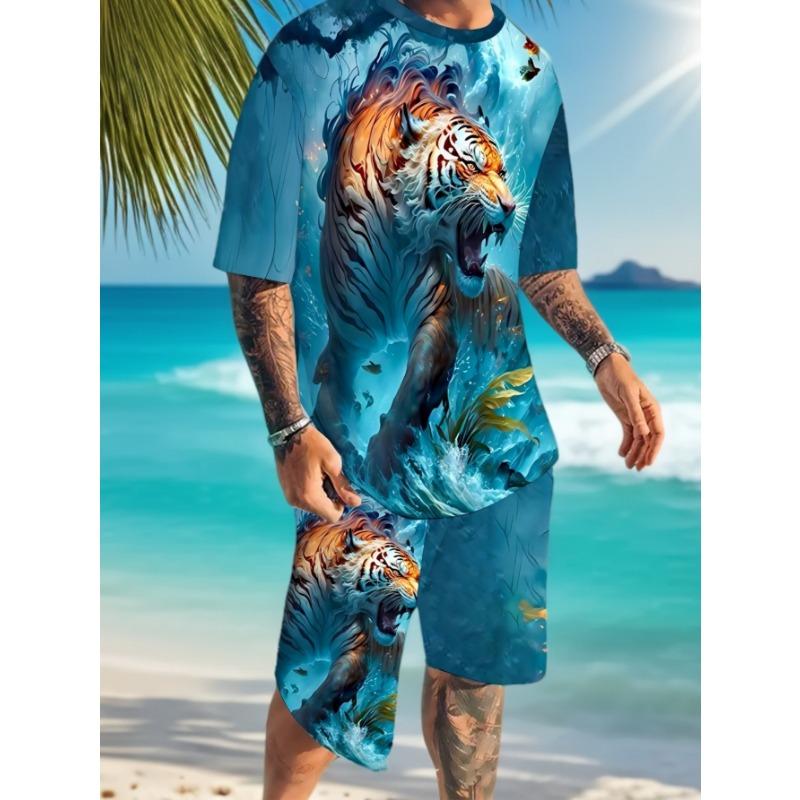 2 piece men s dripping tiger 3D printed summer casual wear set S