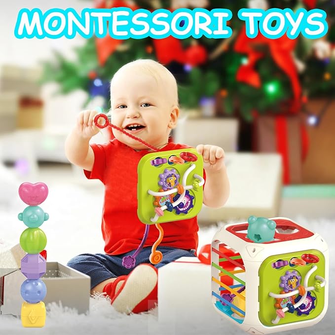 7-in-1 Interactive Activity Cube , Montessori Sensory & Educational Toy for 1 2 3 Year Old Boys Girls, Multicolor