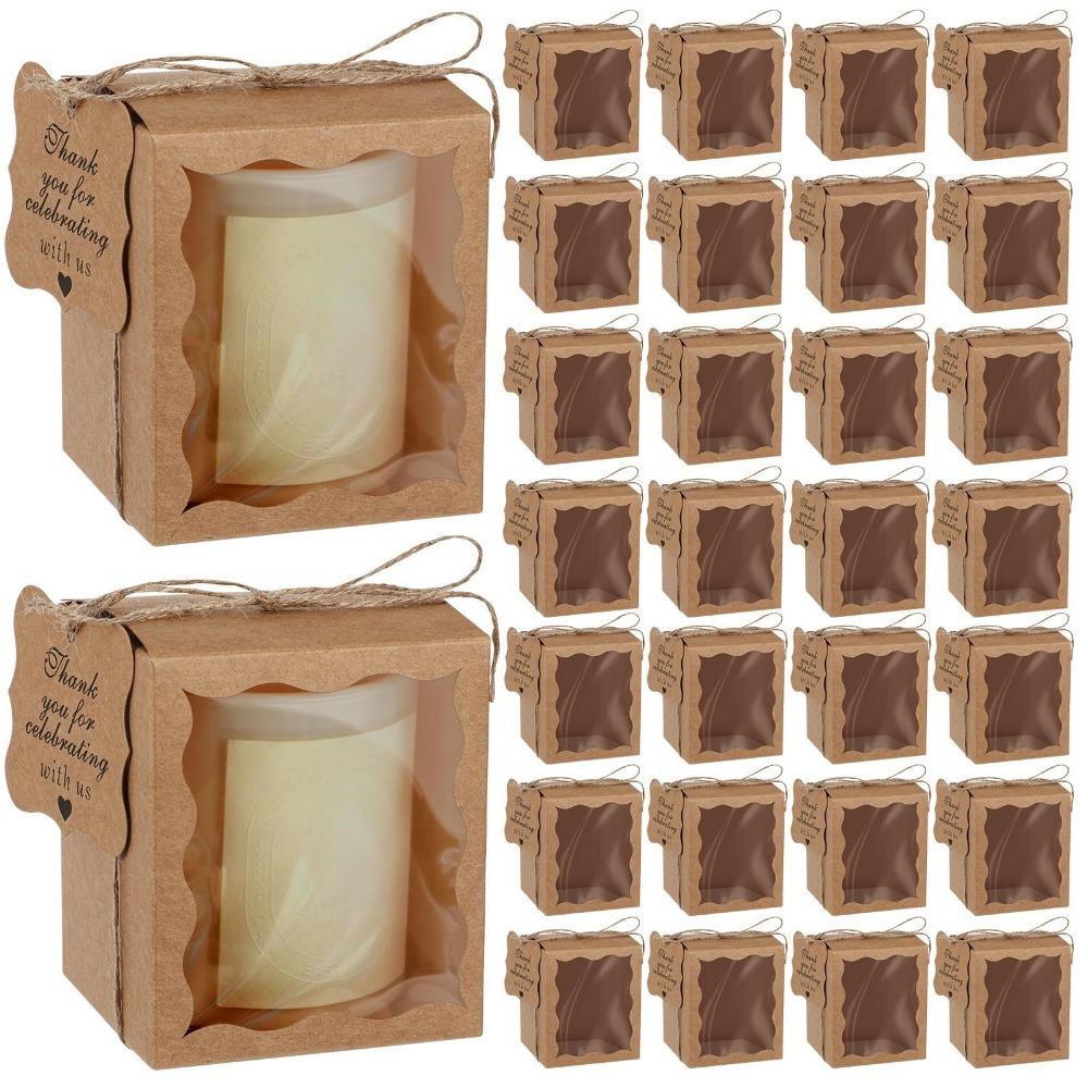 20pcs Treat Boxes with Window Candle Gift Box with Tag and Twine Gift Packaging Box for 4-10 Oz Suitable for Wedding Birthday Party Favor Mugs Favors