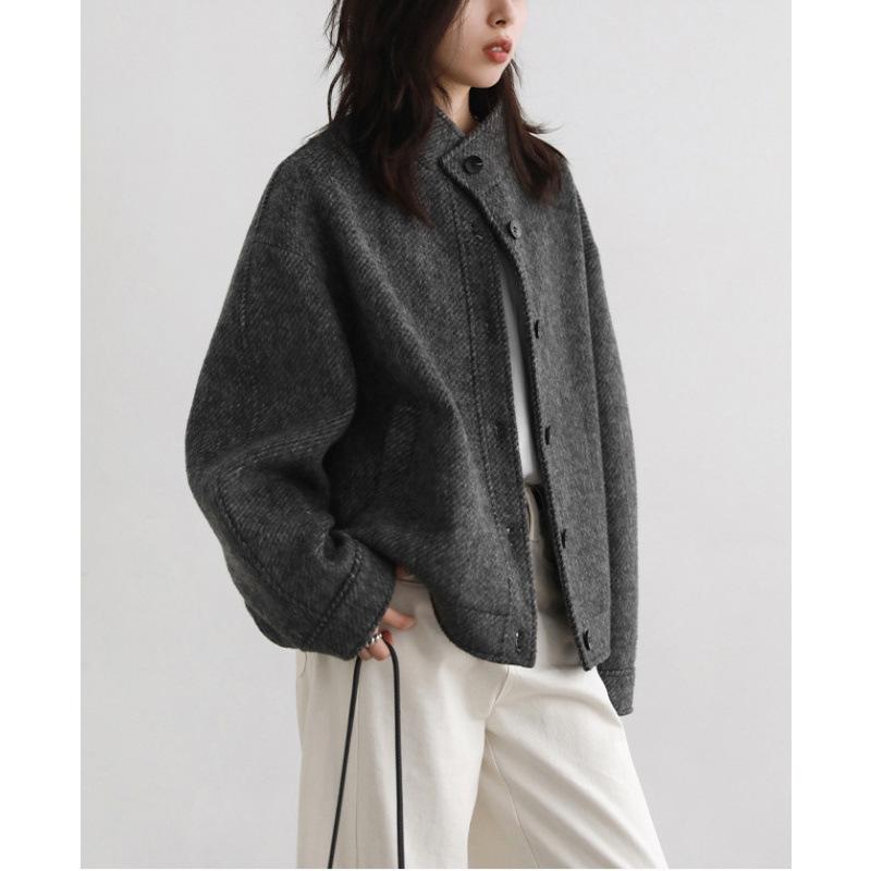 

CHICVEN Women s Retro Woolen Short Jacket with Stand Collar M темно-серого