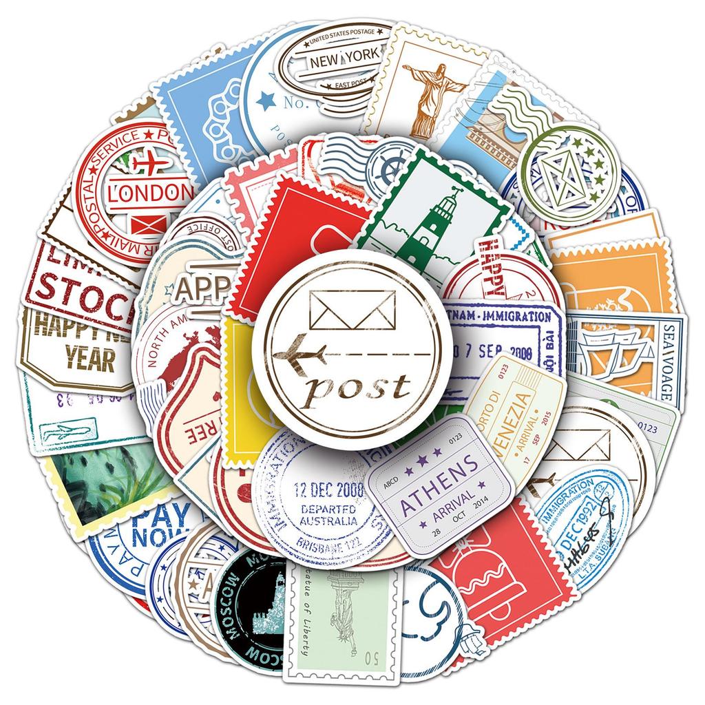 57-Piece Retro Postmark Sticker Set: Cartoon Stamps, Graffiti, Suitcase and Journal Decor.