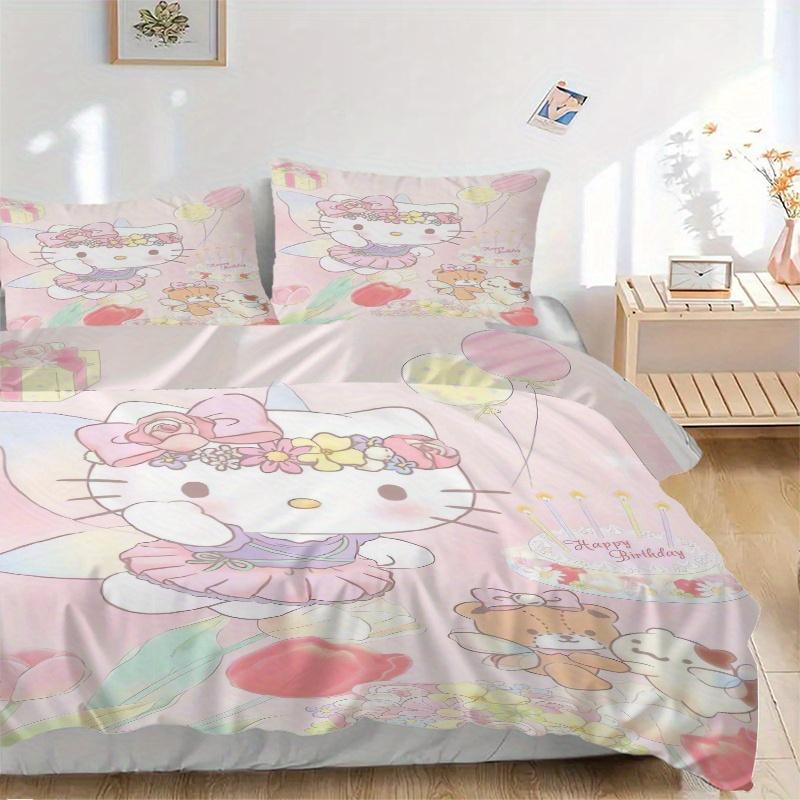 3pcs Happy Birthday Hello Kitty Bedding Set - 1 Soft Quilt Cover + 2 Pillowcases, Machine Washable - Suitable for All Seasons, Perfect Gift