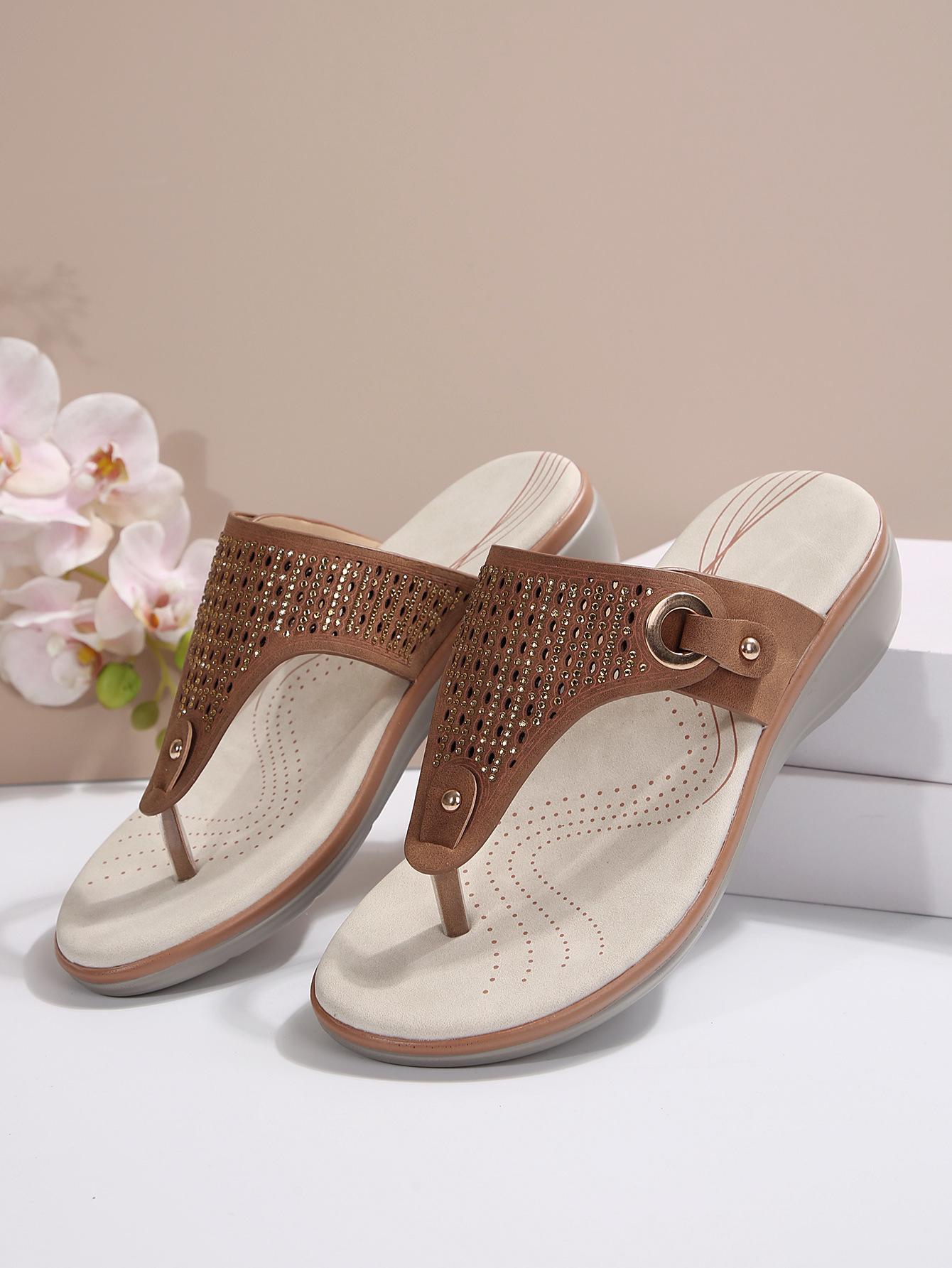 

Босоножки на танкетке больших размеров для женщин, летние пляжные сандалии на платформе со стразами 43 светло-коричневого