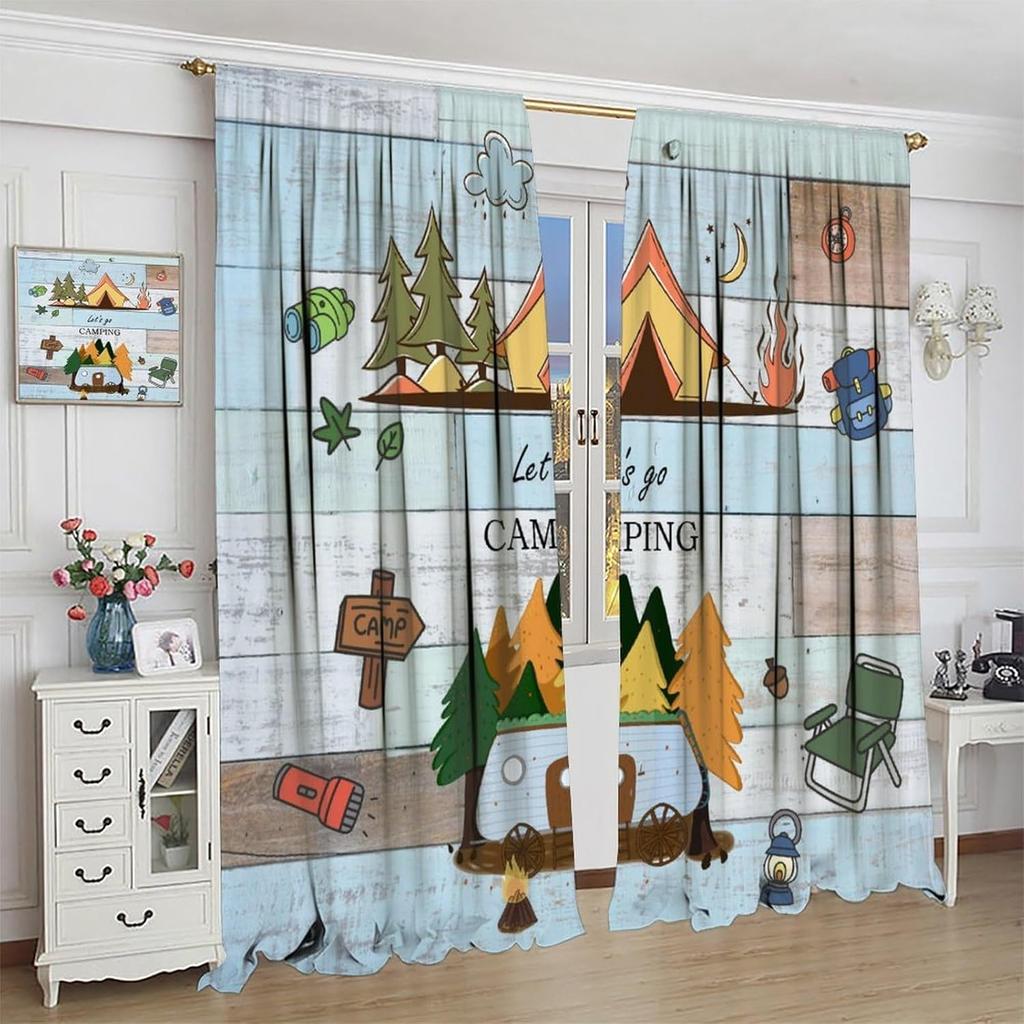 Retro Happy Camper Curta,Rustic Wood Plank Camping Travel Trailer Blackout Rod Pocket Window Curtain,For Boys Girls Living