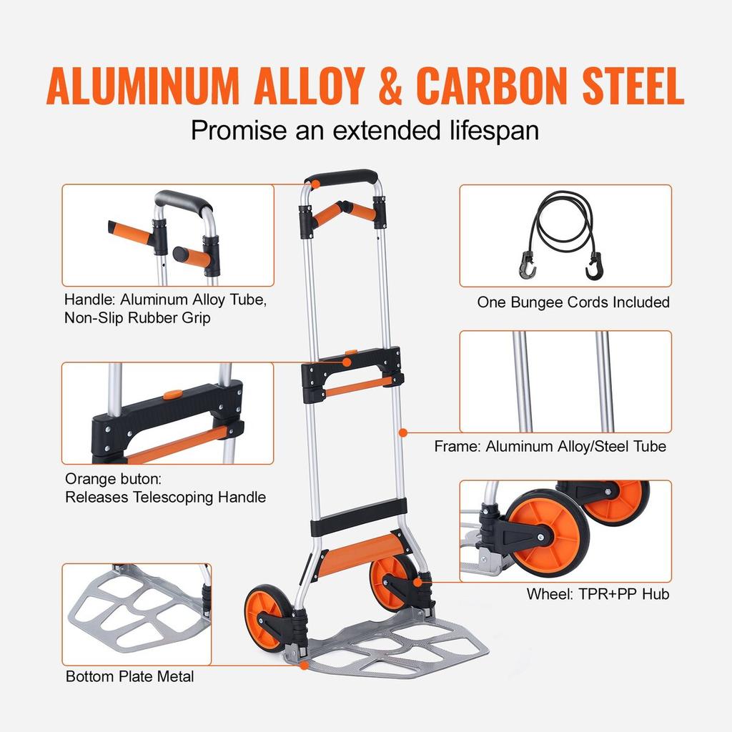 Folding Hand Truck, 309 Lbs Load Capacity, Aluminum Portable Cart, Convertible Hand Truck and Dolly with Telescoping Handle and PP+TPR Wheels, Ultra